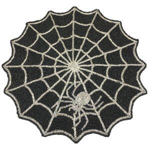 x2 Nicole Miller Halloween Silver Spider Beaded Placemat Set Spiderweb Black 15"
